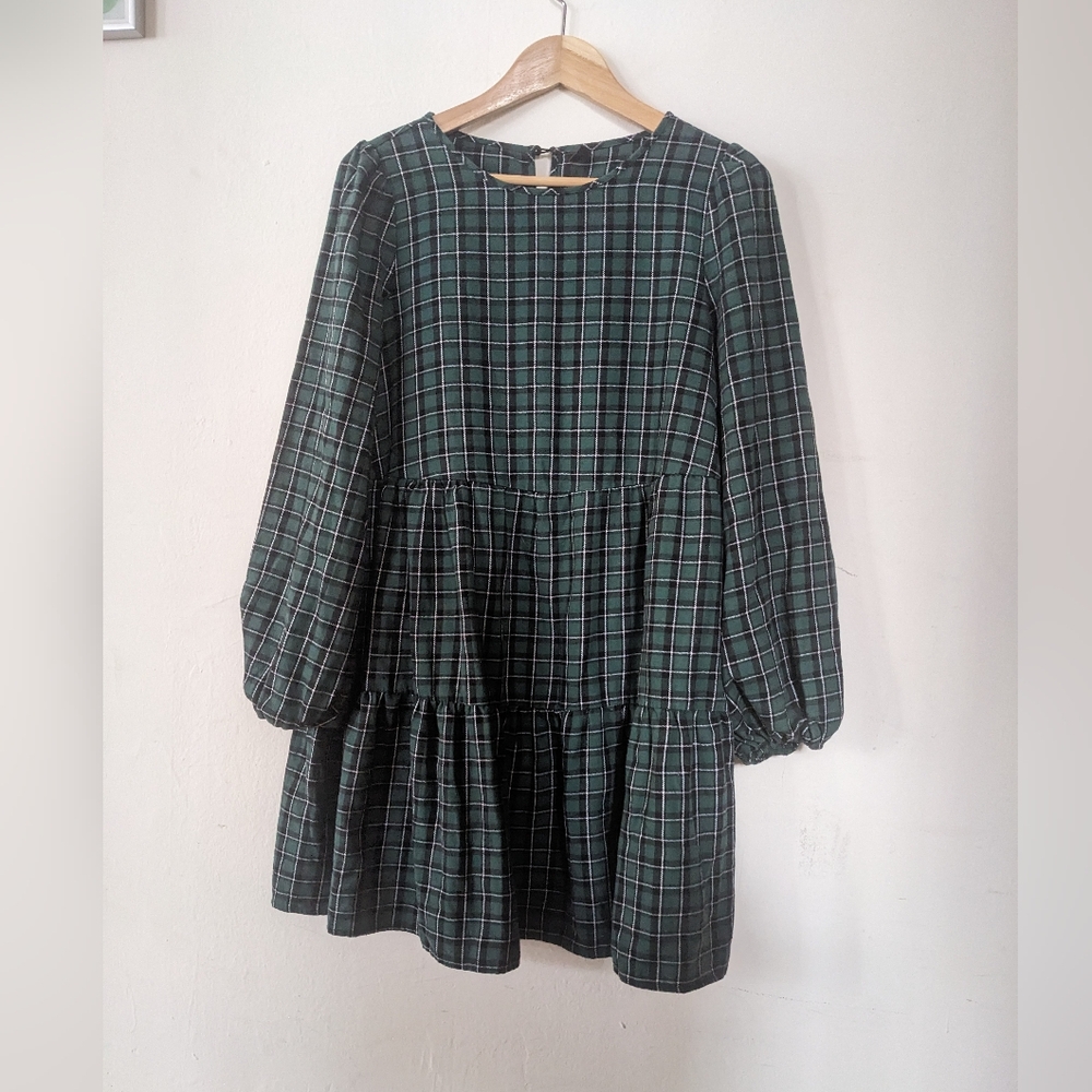 Green Plaid Tiered Mini Dress with Balloon Sleeves